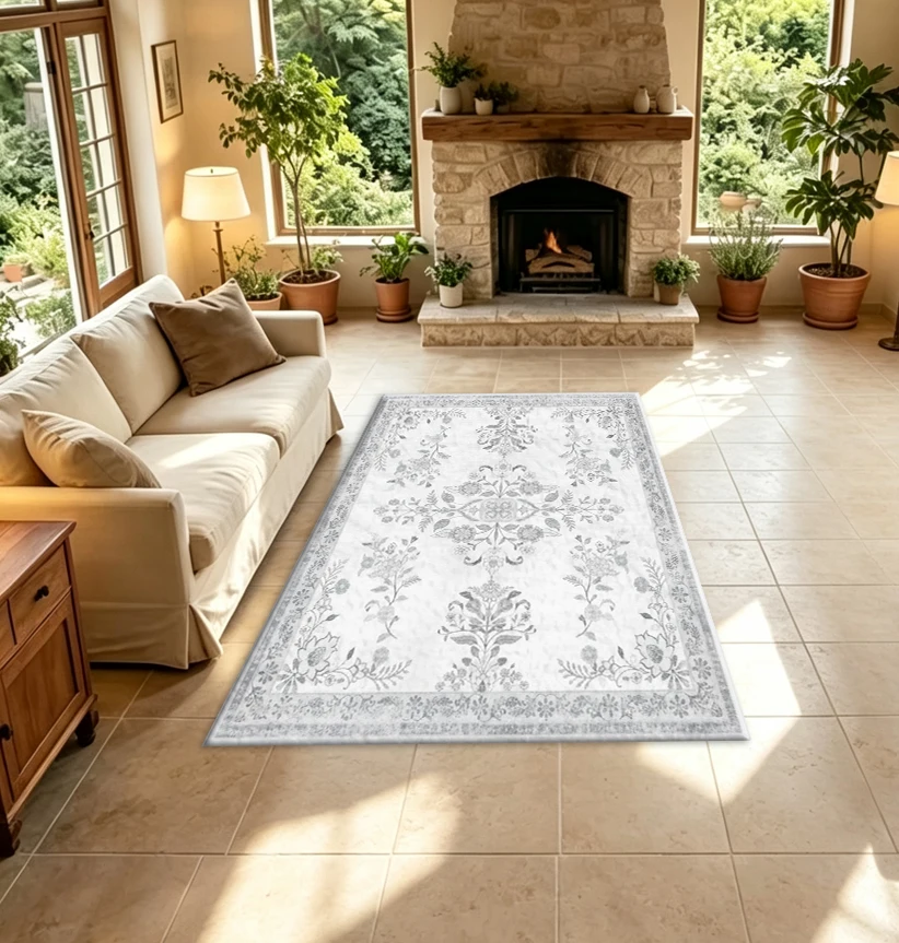 Faded Light Gray Floral Pattern Carpet, Vintage Oriental Style Border Floral Print Rug, Soft Washable Home Carpet