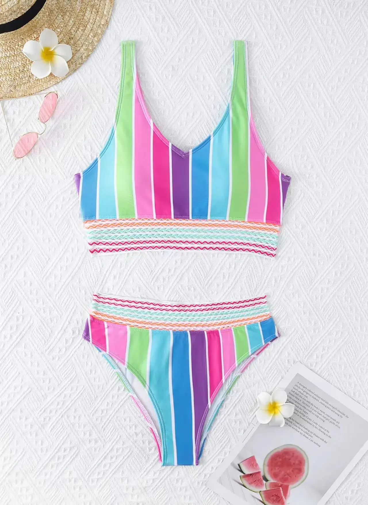 

Fashion High Waisted Bikini Set Sexy Push Up Swimsuit Women Striped Beachwear Rainbow Swimwear Female Bathing Suit Holiday 2025
