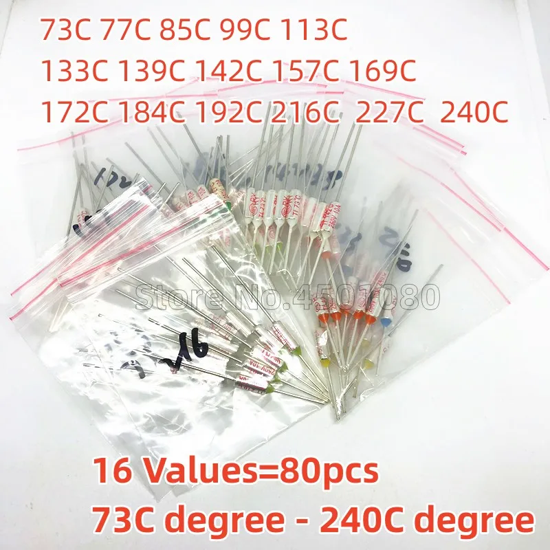 16 Values=80pcs assortment kit Thermal Fuse 10A 250V Thermal Cutoffs 73C degree - 240C degree Temperature fuse