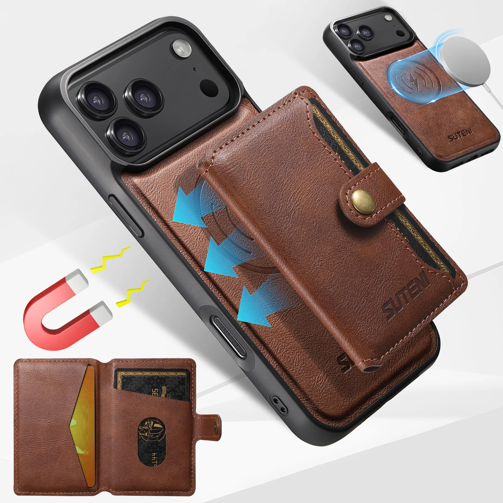 

Card Holder Leather Magnetic Wireless Charging Pocket Cover Wallet Phone Case For iPhone 12 13 14 15 16 17 Pro Max Plus