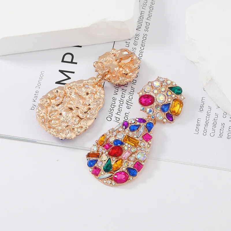 Luxury Exaggerated Colorful Crystal Teardrop Clip on Earrings Rhinestone Non Pierced Statement Dangle Earrings for Women Jewelry