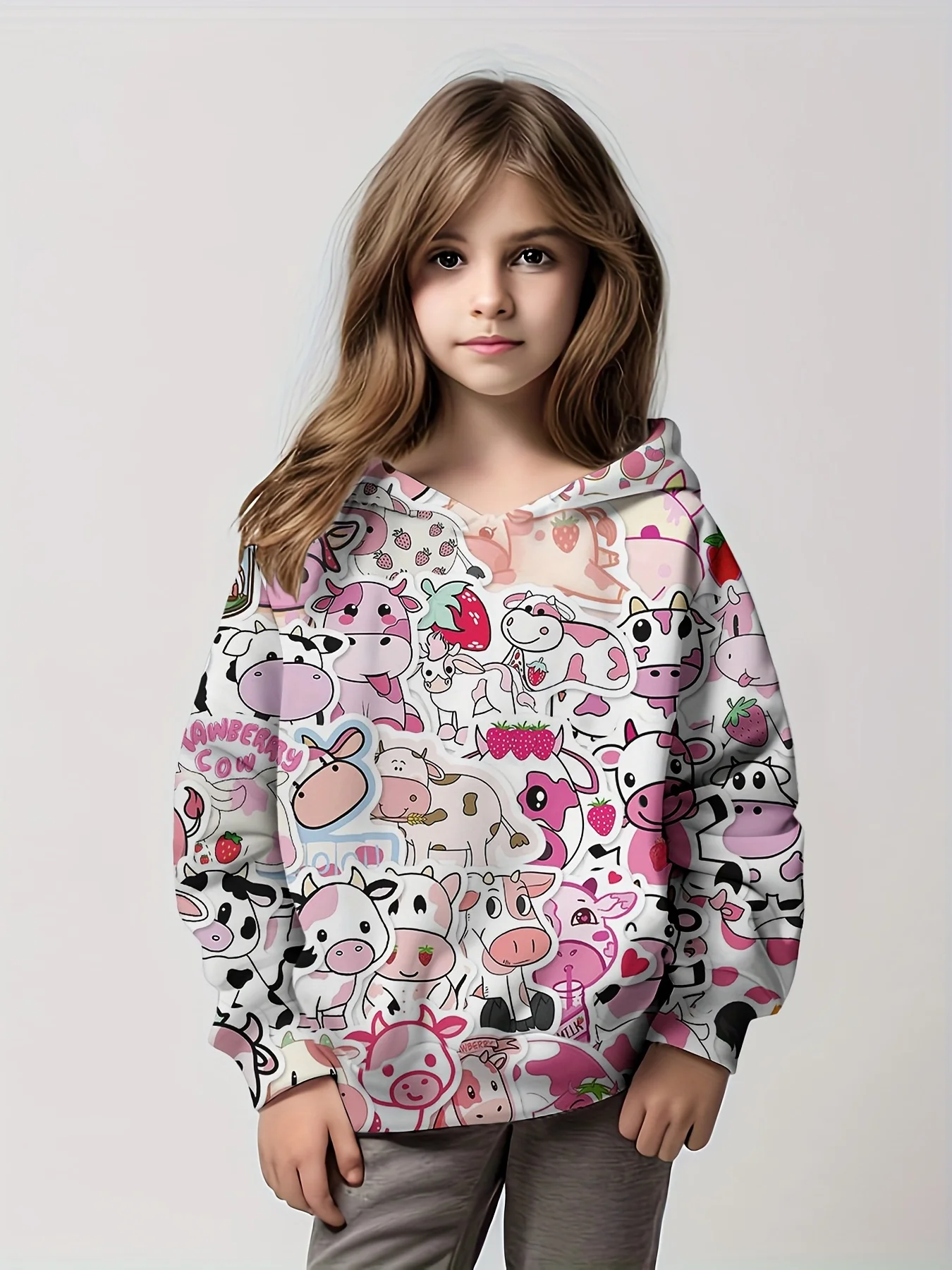 

Kid_ Teen Girls Cartoon Cows Print Comfy Versatile Hooded Sweatshirt Top For Street & Fashion Look, Fall_ Winter Outfit