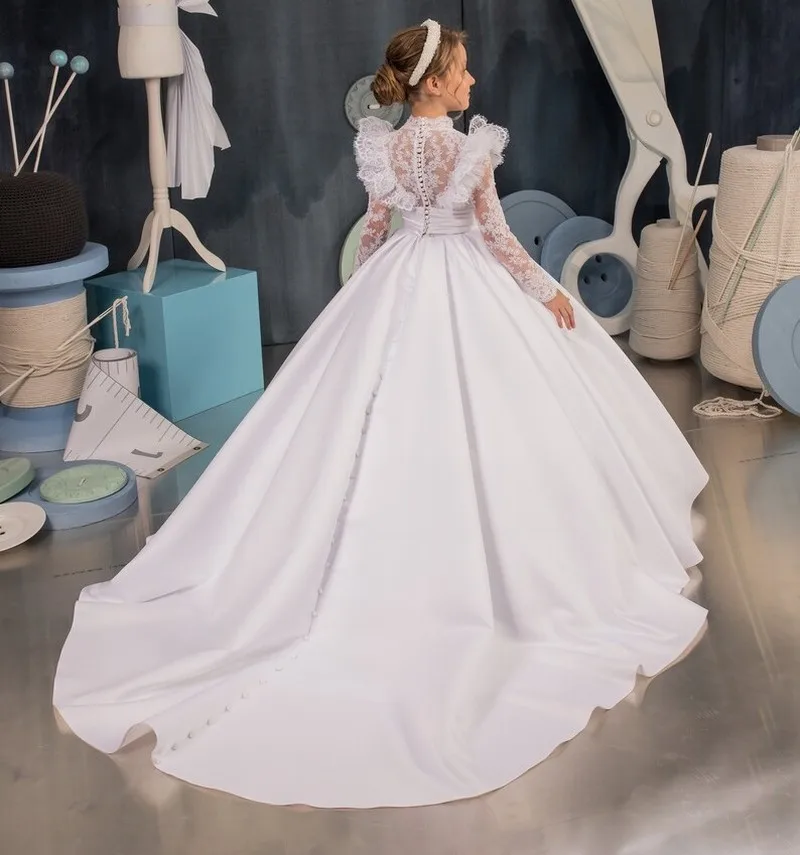 Cetim branco flor menina vestido de casamento princesa simples renda até o chão gola clara festa aniversário primeira comunhão vestido baile