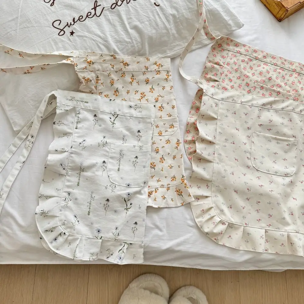 Breathable Korean Style Floral Lace Apron Floral Pattern with Pocket Work Apron Cotton Material Half Body Apron Spring Summer