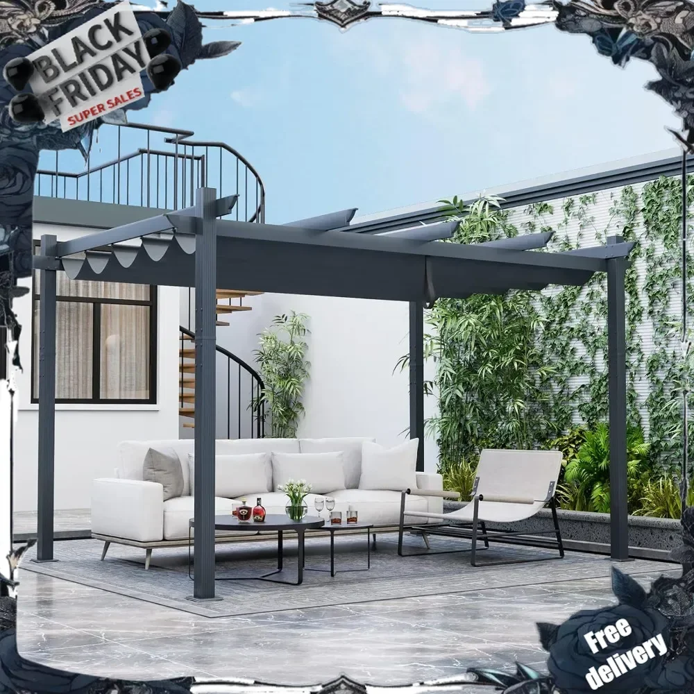 

10x13 Ft Pergola, Heavy-Duty Aluminum Outdoor Pergola with Retractable Sun Shade Canopy, Extra Large Patio Shelter Pavi