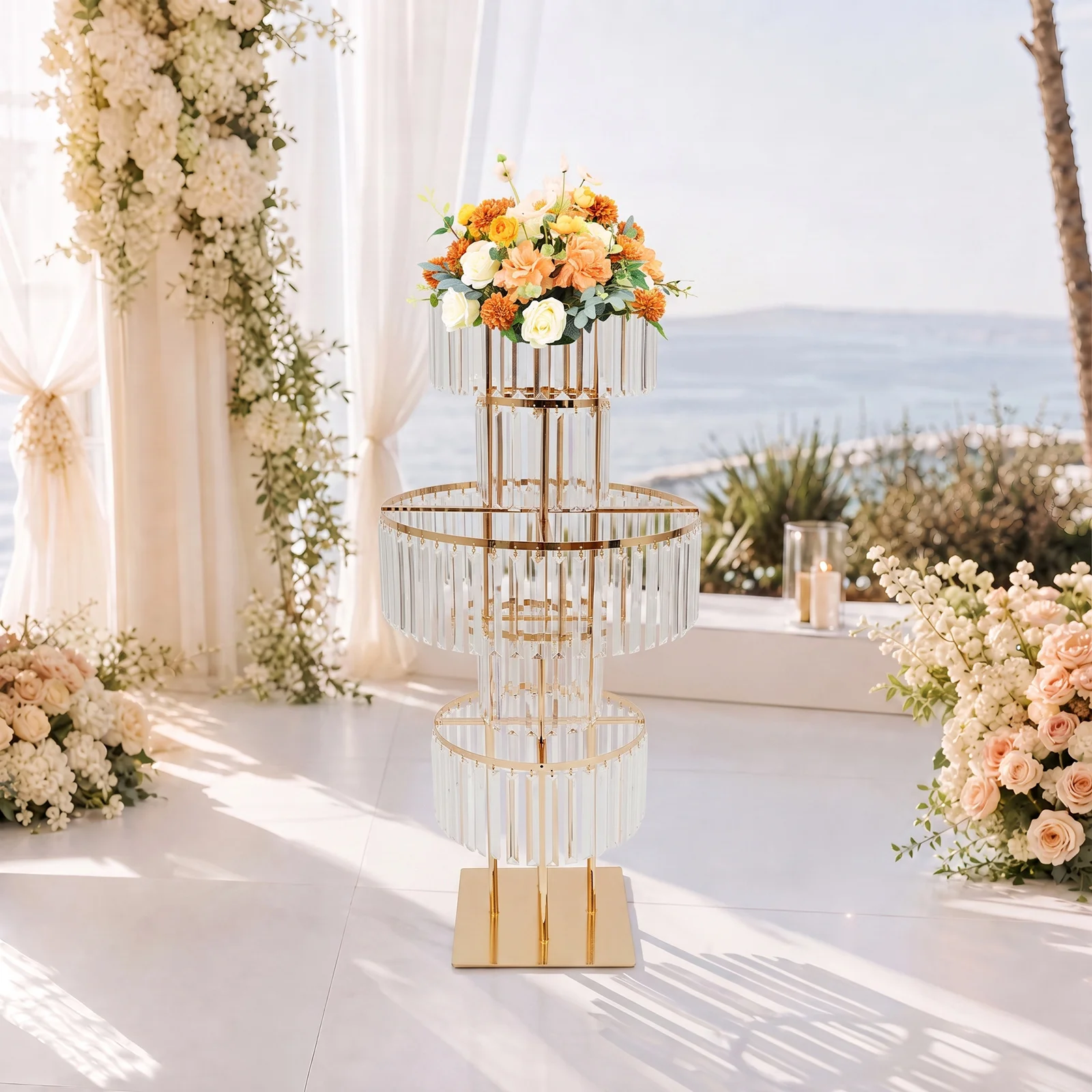 5-Tier Wedding Flower Stand 43.3 Inch Gold Iron Acrylic with Crystal Pendants for Centerpieces Party Decor
