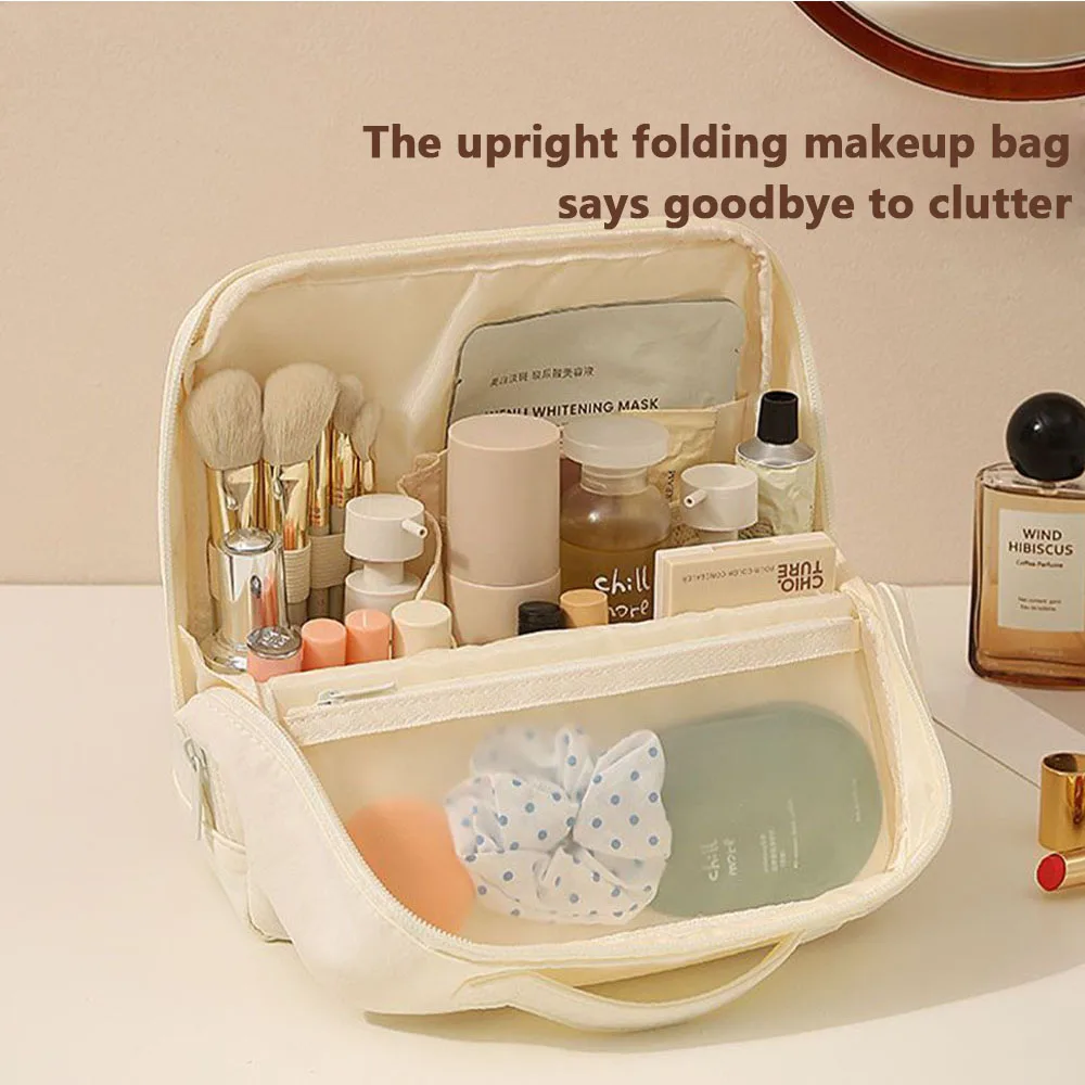 Folding Makeup Bag with Large Opening, Vertical Large-Capacity Waterproof Cosmetic Storage Bag, Office Desk Organizer, Pencil Case