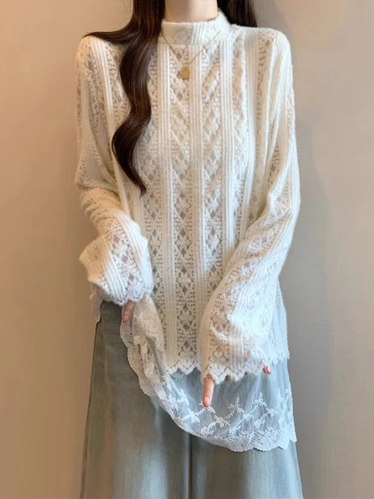 

Lace Blouse Women's Mid-Length Base Shirt Fake Two-Piece Spring New plus Size Large MM High Collar Korean Style Commute Wind