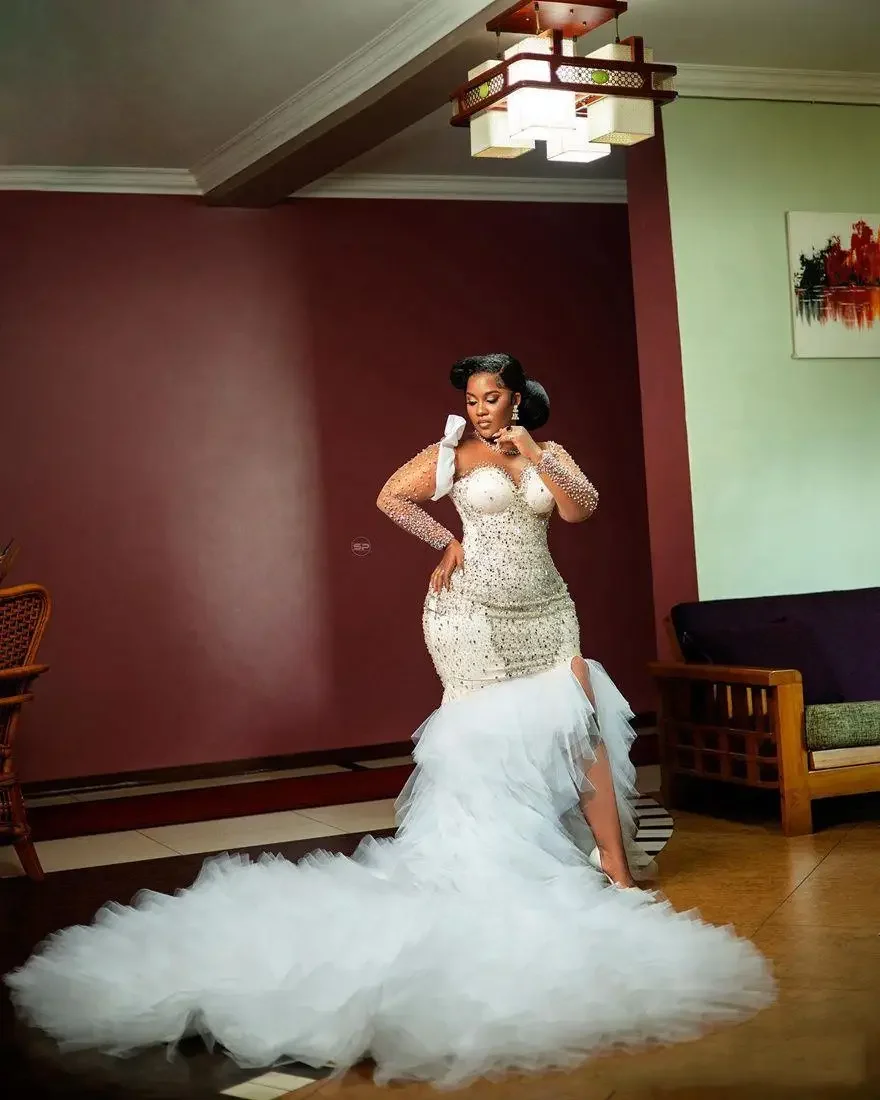 

Роскошные свадебные платья русалки по индивидуальному заказу, свадебные платья больших размеров, иллюзия с разрезом по бокам, стразы, жемчуг, кружево из бисера, свадебное платье