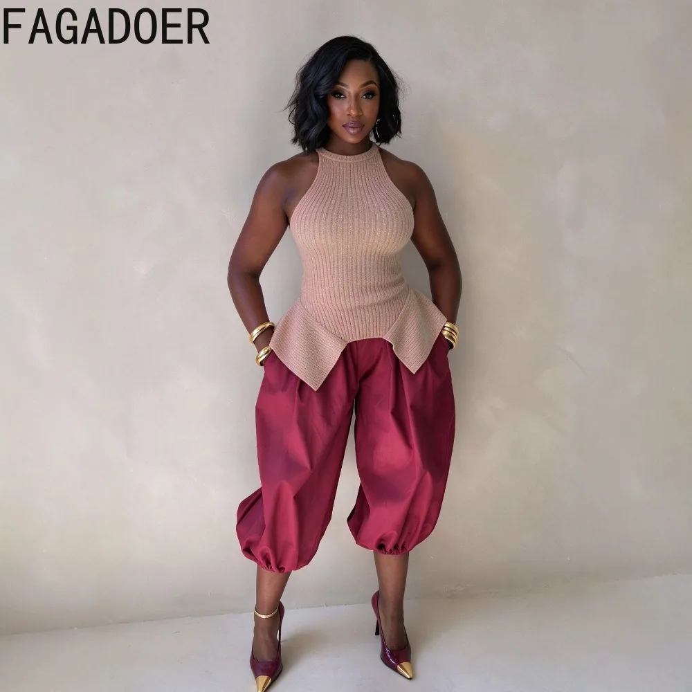 FAGADOER Women Casual Knit Sleeveless Top Ribbed High Stretch Slim Fit High Neck Chic Streetwear Layering Basic Tank Top New