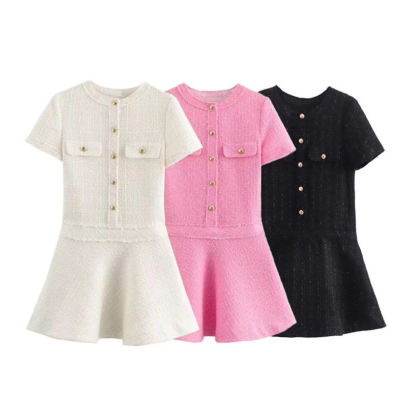 

YENKYE Elegant Women Textured Mini Dress Front Button O Neck Short Sleeve Female Office Dresses Autumn Vestidos High Quality