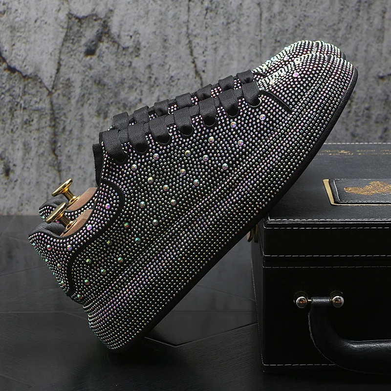 men\'s luxury fashion rhinestone shoes lace-up original leather rivets shoe black silver flats platform sneakers stage nightclub