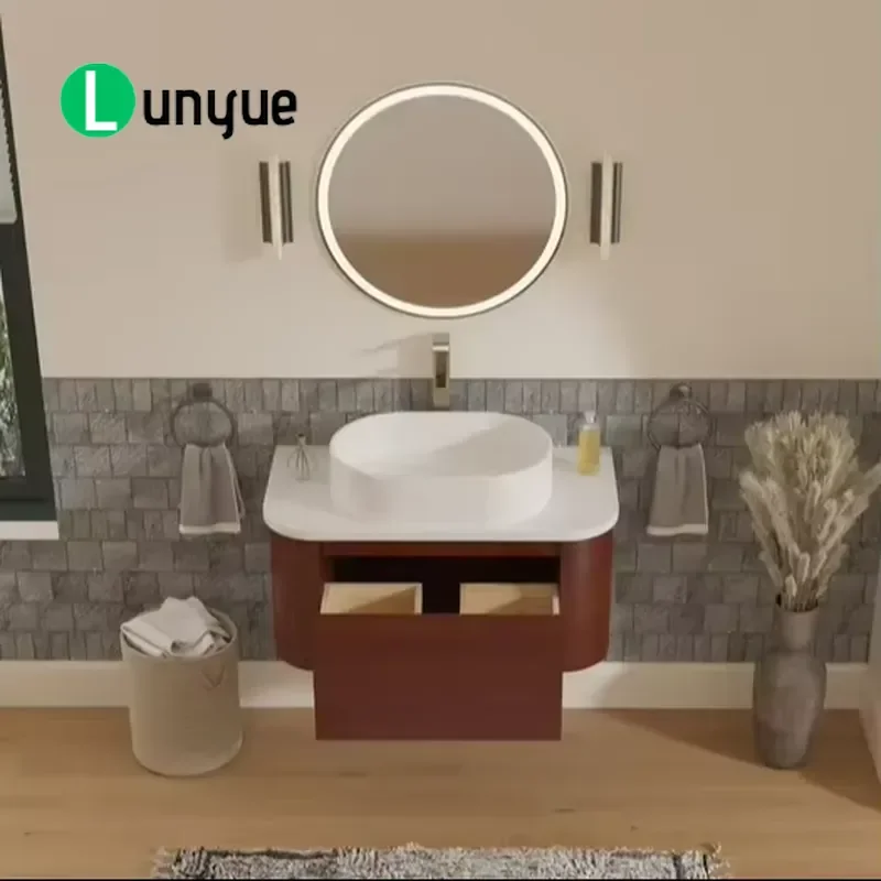 Modern Wall Mounted Bathroom Vanity Cabinet Solid Birch Wood Cherry Brown Finish 36 Inch White Quartz Countertop Sink Combo
