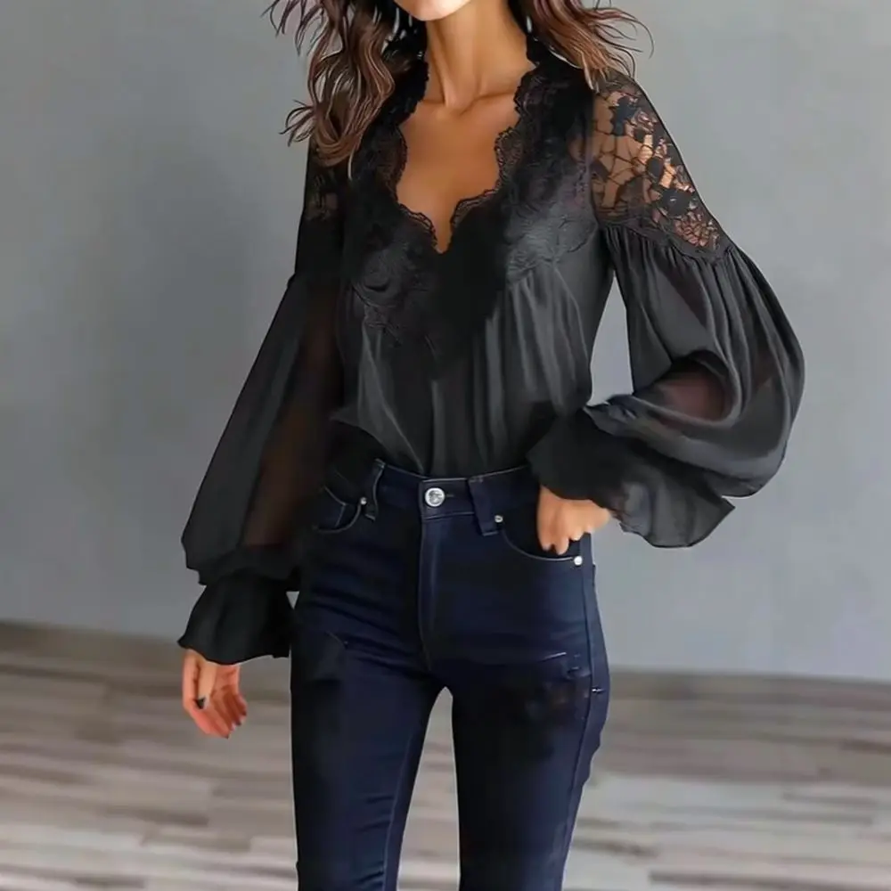 European Style Women Shirt Elegant Lace Patchwork Puff Sleeve Pleated Blouse Casual Slim Fit Solid Color Spring Clothes