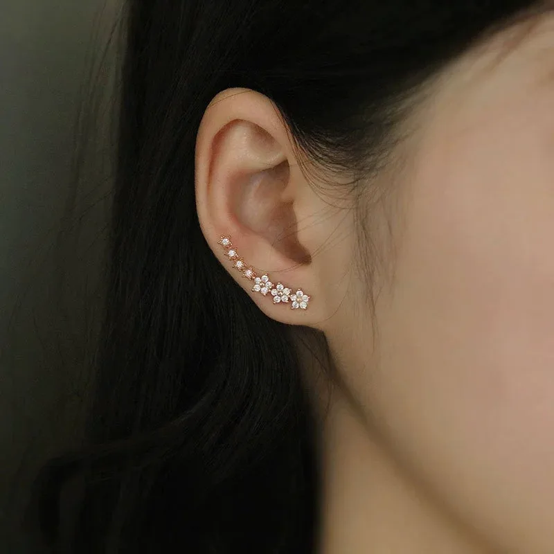 Dainty Rhinestone Flowers Ear Climbers Stud Earrings for Women Fashion Daisy Cuff Crawler Earings Bride Wedding Jewelry Gift - view 3