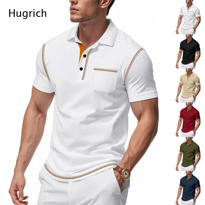 Men Breathable Contrast Gold Stitch Chest Pocket Lapel Collar Short Sleeve Polo Shirt