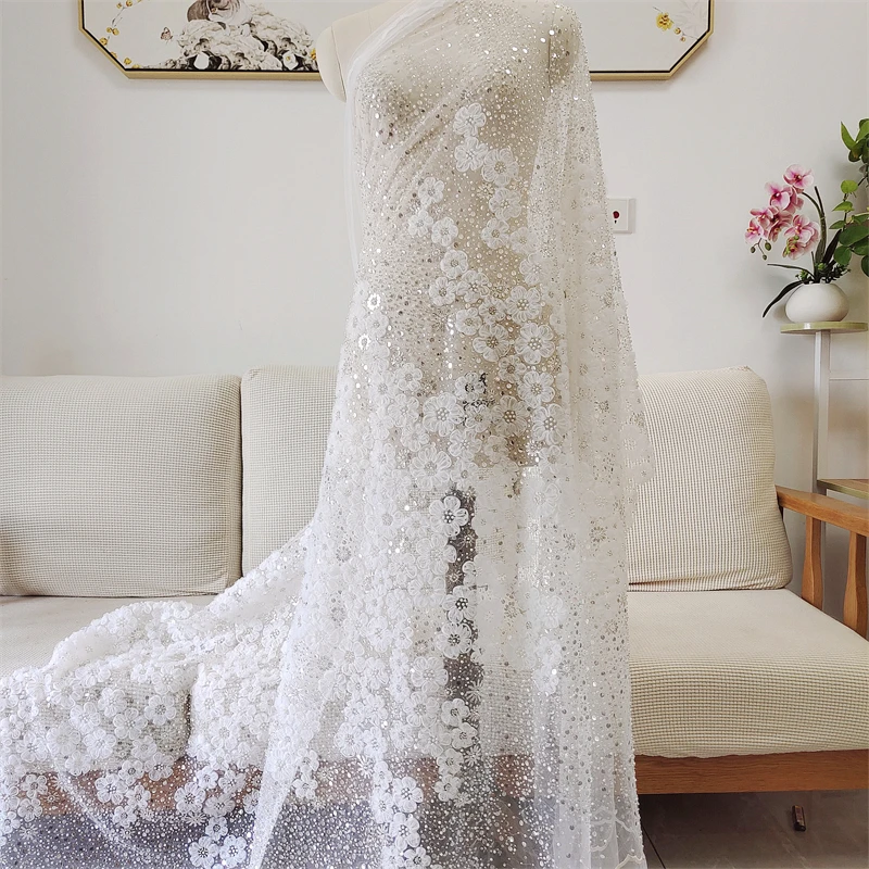 New Heavy Industry Luxury Embroidery Nail Pearl Sequin Lace Fabric Fabric DIY Wedding Dress Kids Dress Designer Fabric