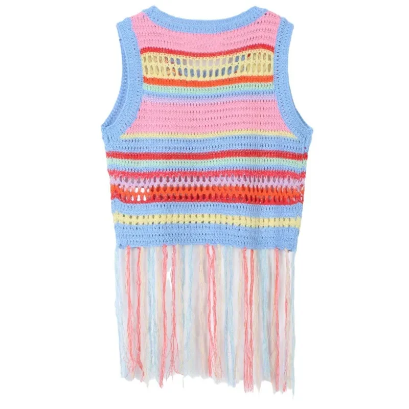 Women's Rainbow Stripe Hollow Knitted Tops, Sleeveless Sweater, Star Tassel Vest, Summer Tops