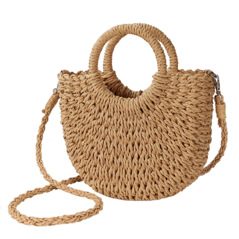 Handwoven Straw Rattan Half-Moon Beach Handbag Large Capacity Women Summer Hollow Out Crossbody Shoulder Bag