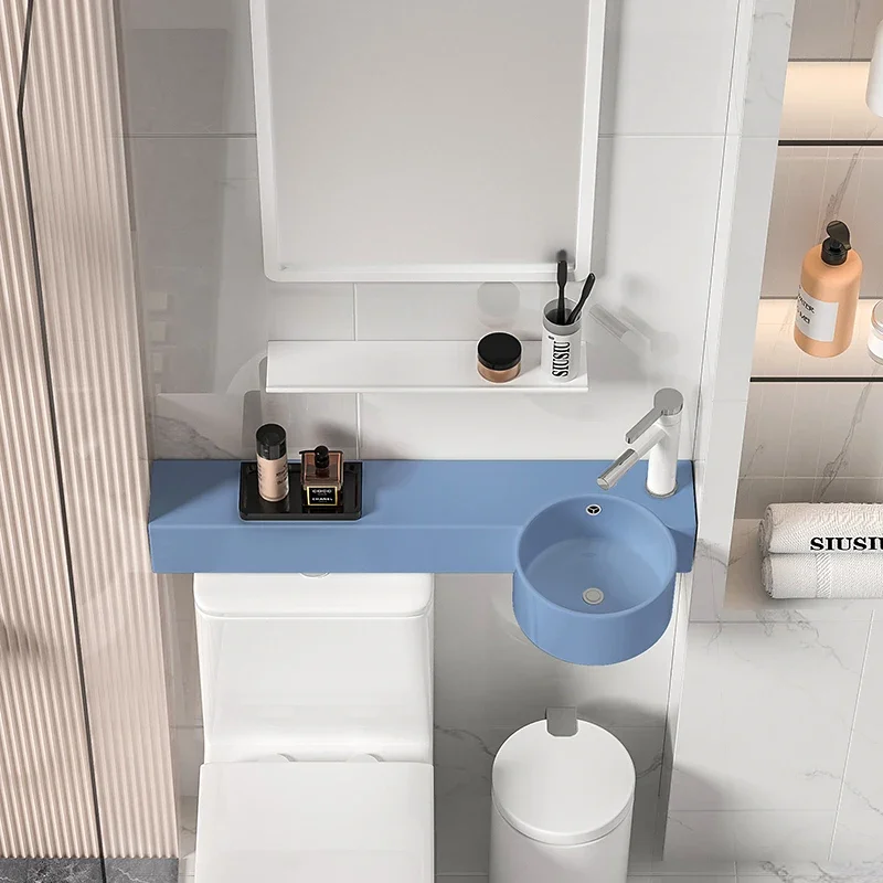 Blue integrated with countertop, wall-hung basin, narrow long toilet, upper wash basin, wall corner, ceramic wash face and wash