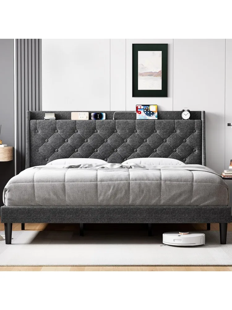 

King Size Bed Frame with Upholstered Wingback Headboard, Luxurious Linen Upholstery Platform Bed with Charging Station, B