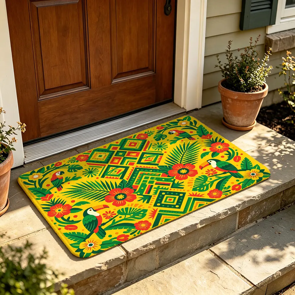 Ethnic Geometric Floral Parrot Pattern Felt Door Mat Green Yellow Boho Style Entry Mat Non-slip Washable Rug