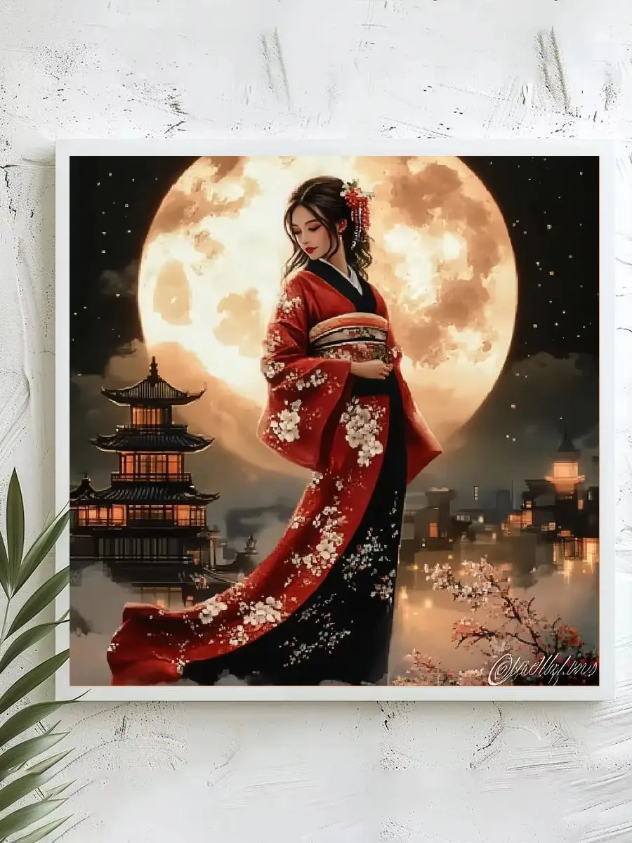 1 Stück 40x40 cm/15,74 Zoll, 11Ct/14Ct Kreuzstich-Set, DIY Valentinstagsgeschenk, Stickerei-Set für Festlichkeiten, Kimono-Dame im Mondlicht – Detail 1