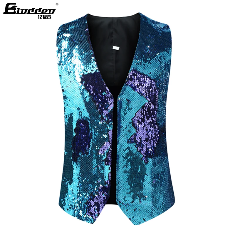 Men\'s Dress Suit Jacket Vest Double-Sided Color Sequins Tux Party Show Waistcoat Double-Sided Two Colors Sequins Waistcoat Vest