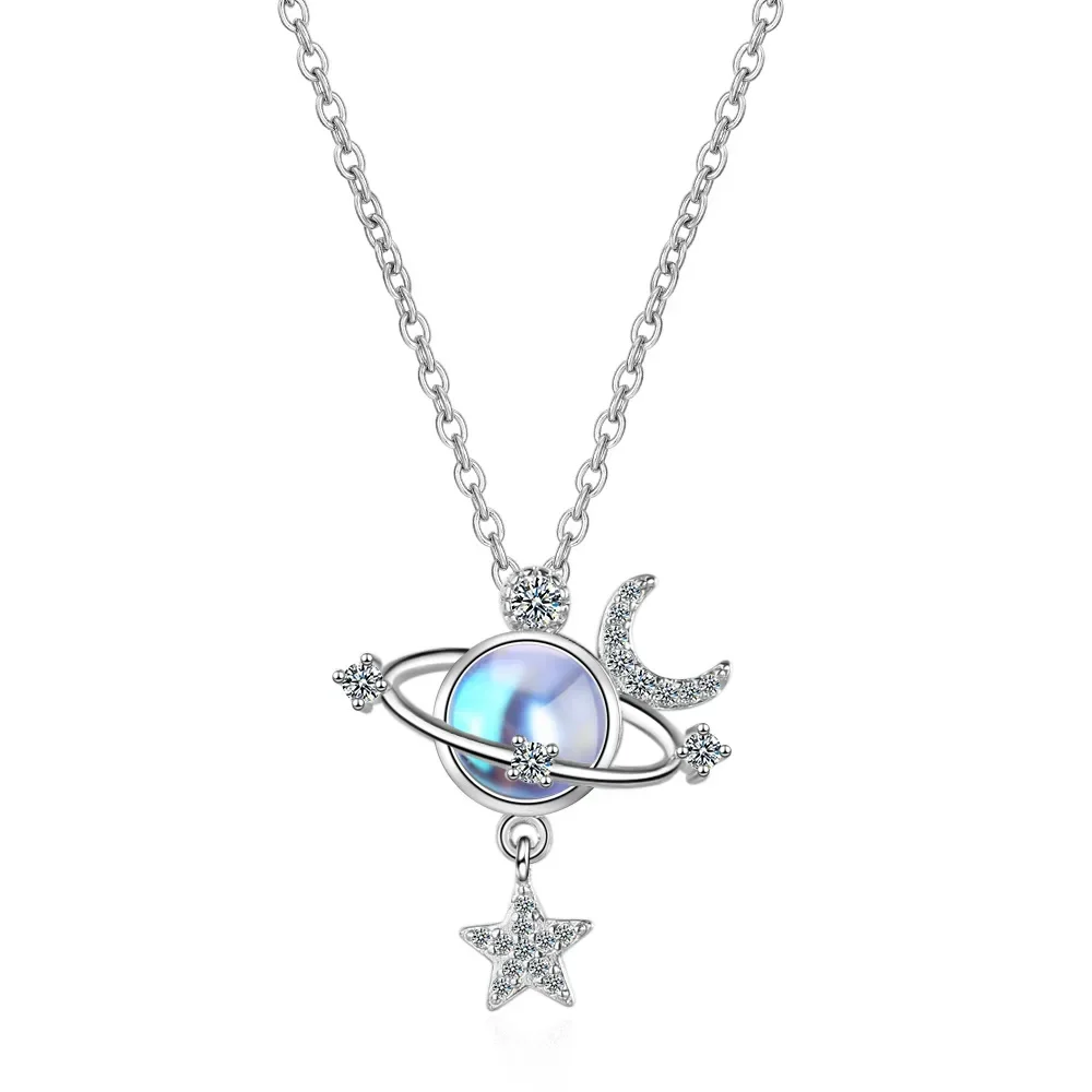 SAIYE S925 Sterling Silver Gradient Moonstone Star Moon Universe Diamond Zircon Women's Clavicle Pendant Necklace (40cm+3.5cm)