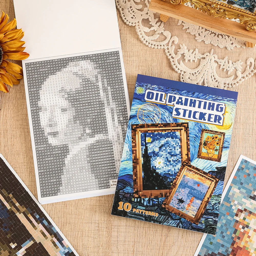 Conjunto de Livros de Adesivos Retrô Pixel com 10 Padrões + 20 Folhas de Adesivos Mosaico Color Block Tema Pintura a Óleo para DIY, Porta-Retratos e Cadernos