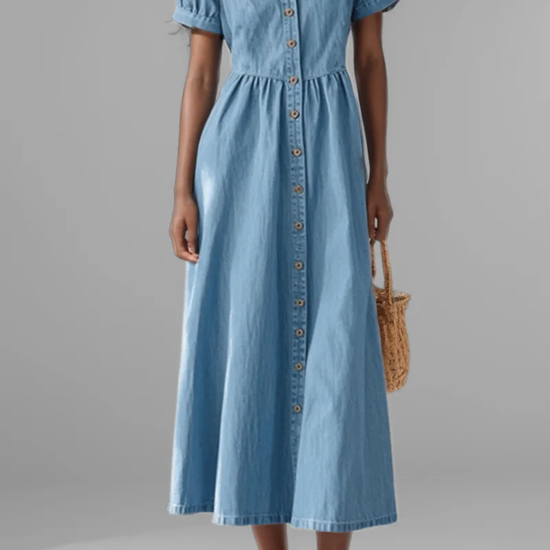 فستان نسائي موضة خريف 2024 من قماش الدنيم الأزرق بأكمام قصيرة فساتين عصرية برقبة على شكل حرف v واحدة الصدر للسيدات