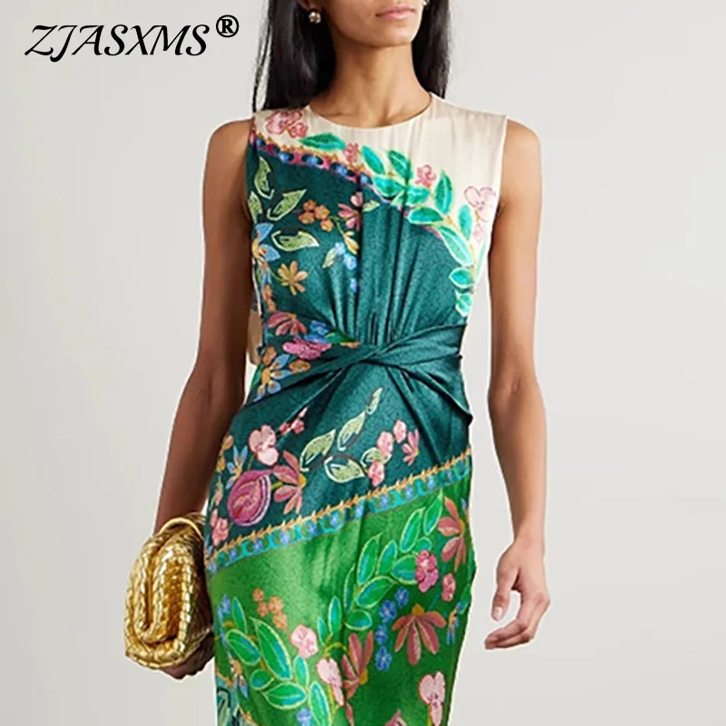 2025 New Retro O Neck Zipper Maxi Dress Summer Satin Floral Print Folds Party Dresses Spring Women Elegant Sleeveless Boho Dress
