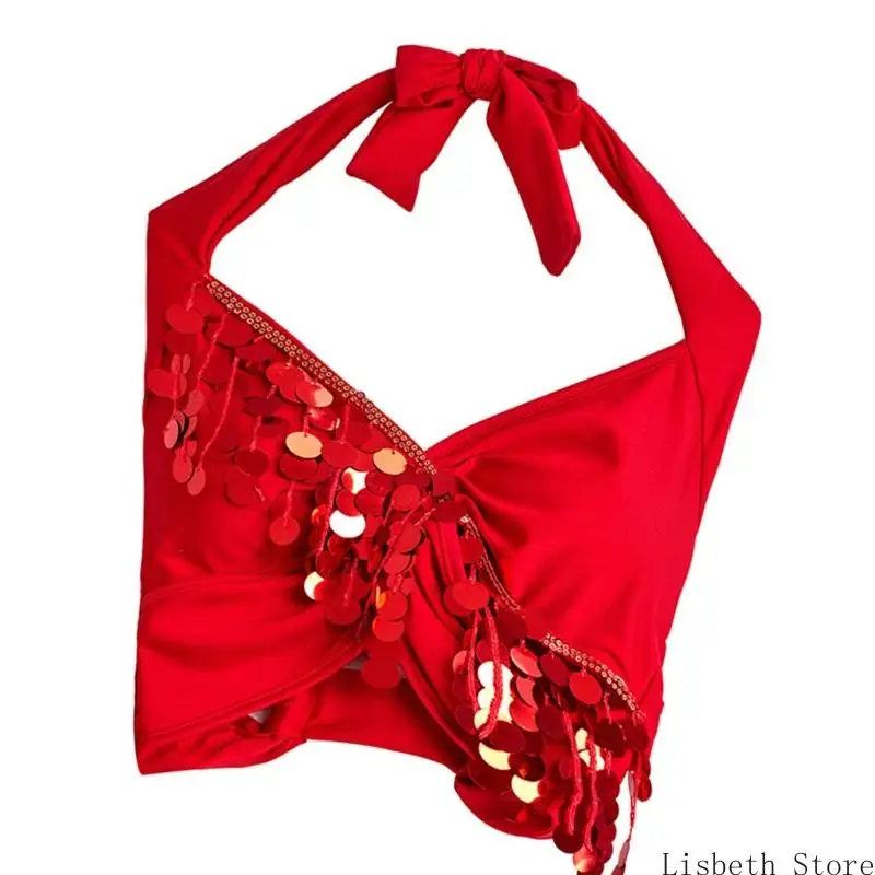 124A Belly Dance เครื่องแต่งกายสำหรับผู้หญิง Belly เต้นรำ Glitter Bra Tops Sequins Fringes Tassels Halter Tops