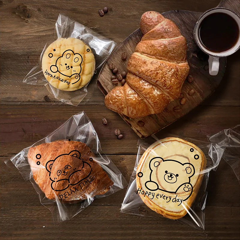 100Pcs Cute Bear Pattern Transparent Self-Sealing Bread Gift Wrap Bag Happy Everyday Blessing Printed Bags For Biscuits Pastries