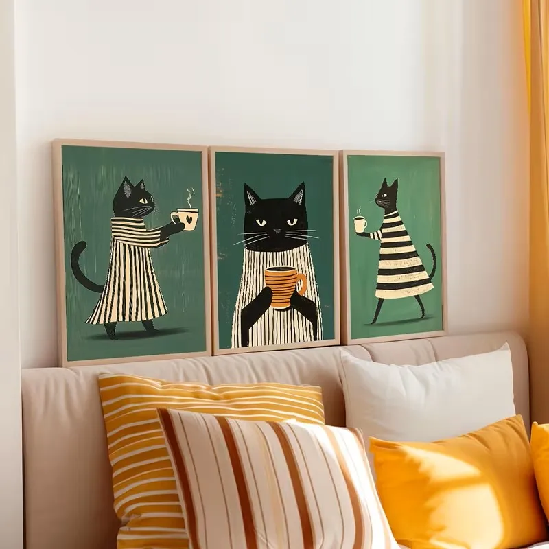 3pcs Black Cat Coffee Leisure Wall Art Printing Green Posters Retro Fun Wall Decorations Black White