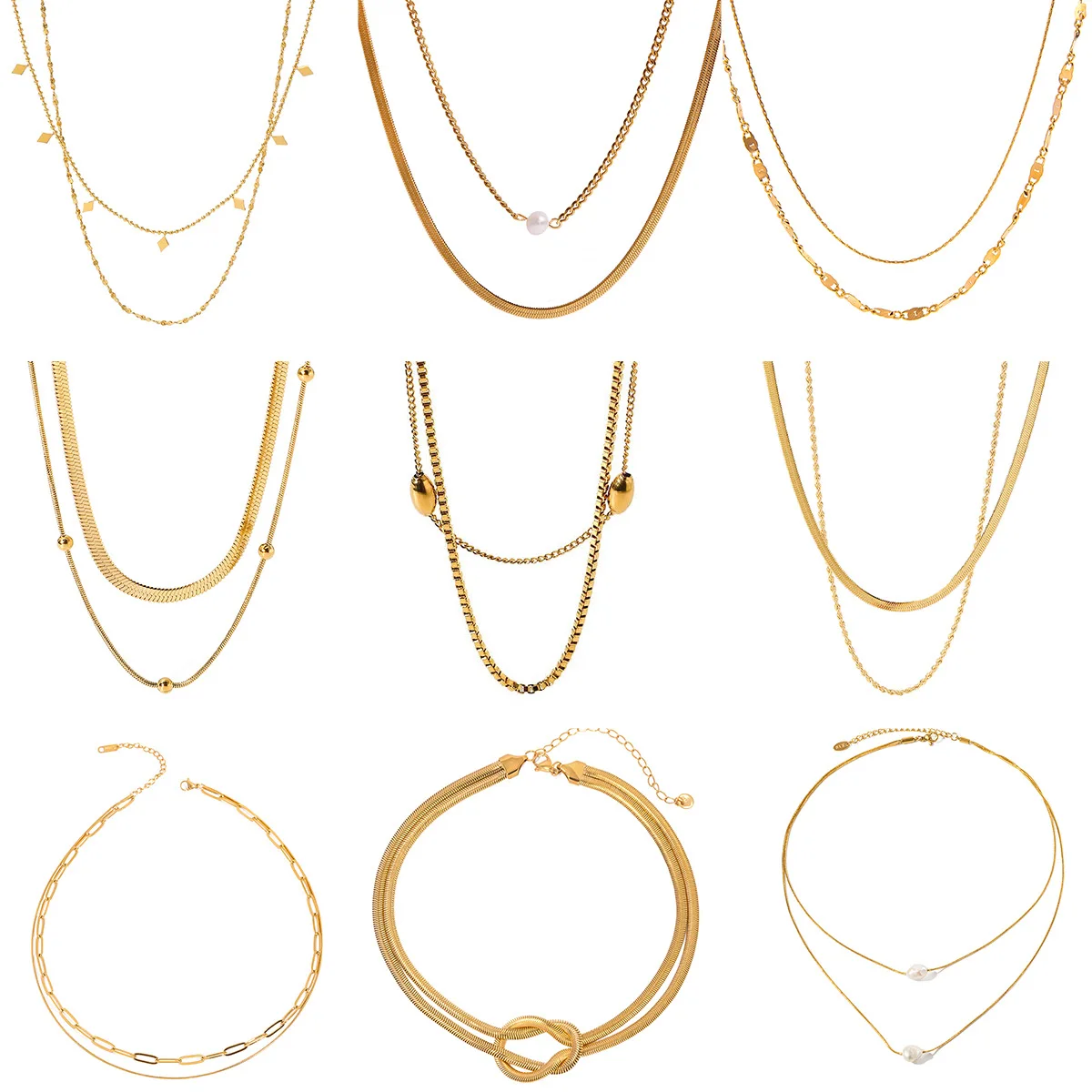 Quiet Luxury Clean Girl Layered Necklace Bracelet Set,Waterproof Non-Fading 18K Gold Stainless Steel,Minimalist Snake Chain Gift