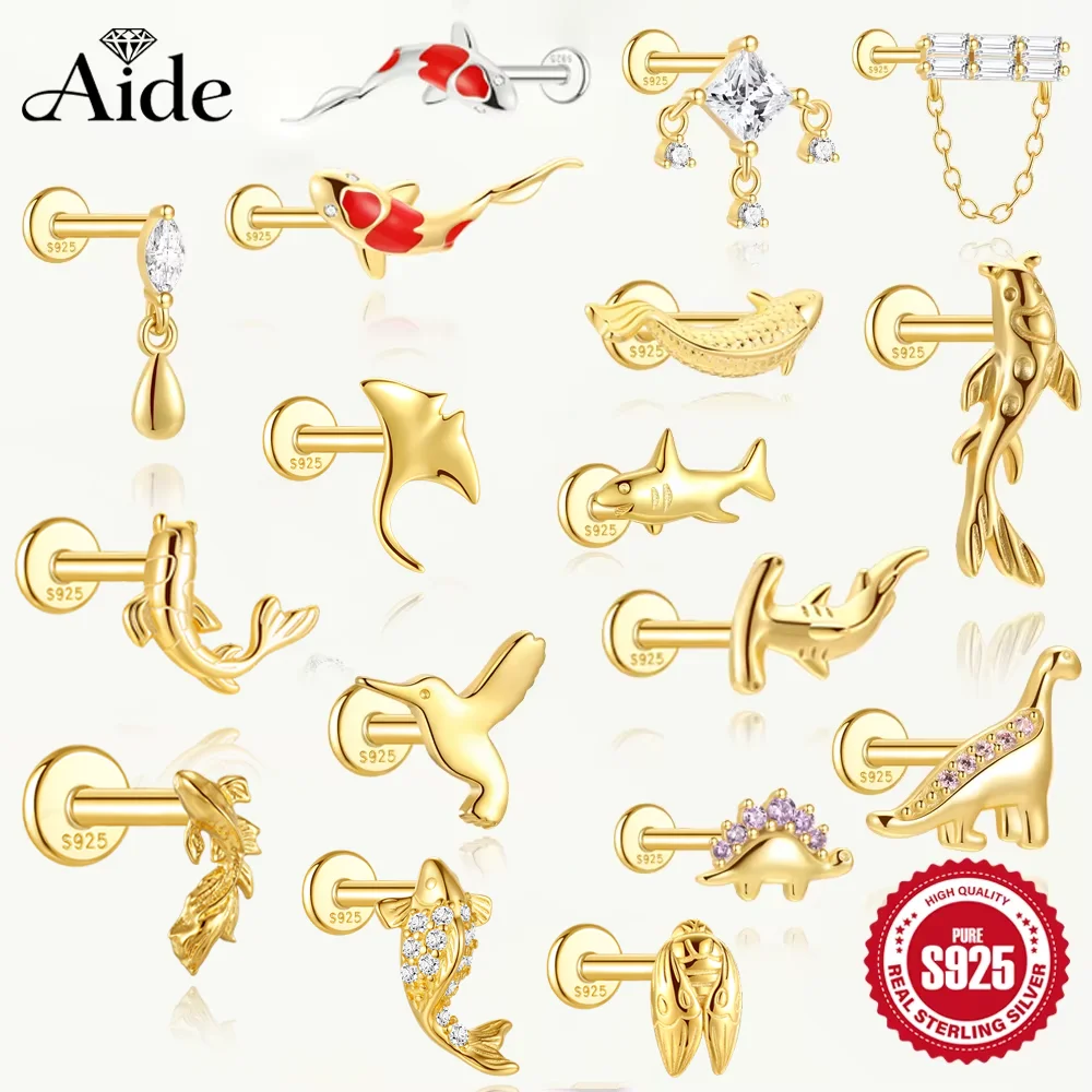 AIDE 1PC 925 Sterling Silver Lucky Red Koi Piercing Earring For Women Geometric Chain Zircon Ear Bone Stud Earrings Fine Jewelry