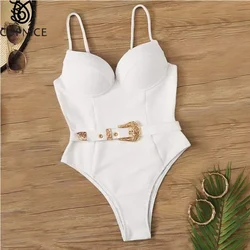 Cupped One Piece Swimwear Women Sexy Polyester Textured  White Underwire  Push Up Belted High Cut Spaghetti Strap Swimsuit