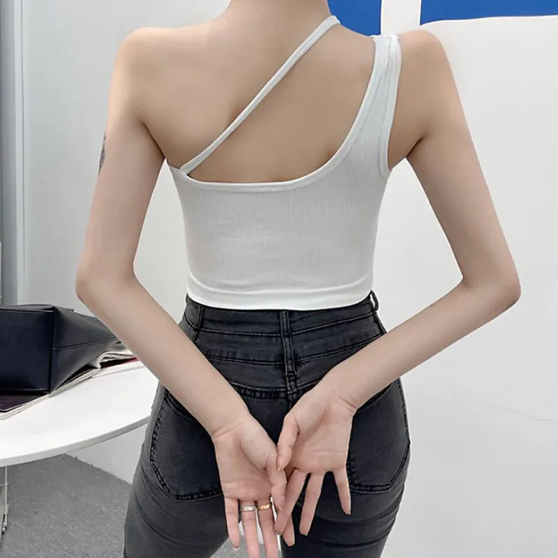 Top Women Sexy T-shirts Crop Tops Summer Clothes Harajuku Plain Ribbed One Shoulder Sleeveless Slim Bandage Tees y2k Streetwear