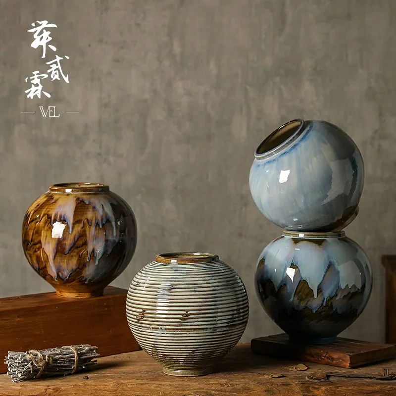 Ceramic vase retro flowing glaze flower utensil antique living room decorative ornament flower pot household bonsai pot round