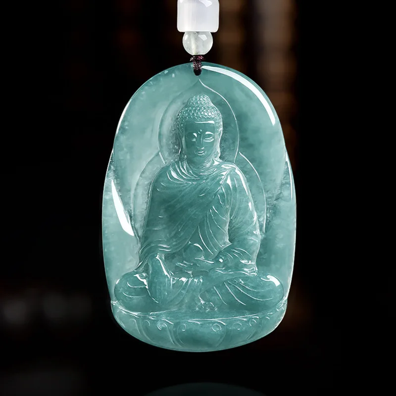 Unisex High-End Authentic Natural A-grade Blue Water Jade Amida Buddha Pendant Ice-Type Jade Guardian God Necklace Jewelry