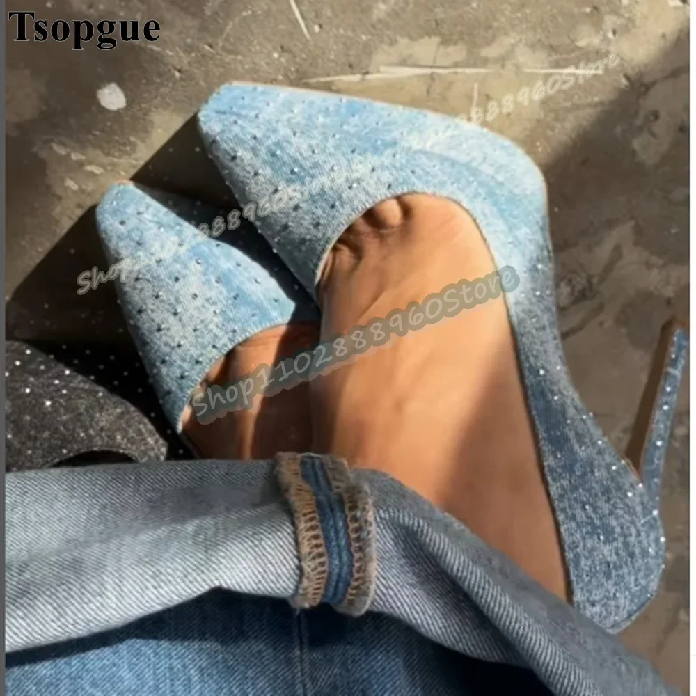 

Blue Denim Shallow Crystals Pointy Pumps Stilettos High Heel Shoes For Women Slip On Pointed Toe Casual Bling Party Women Pumps