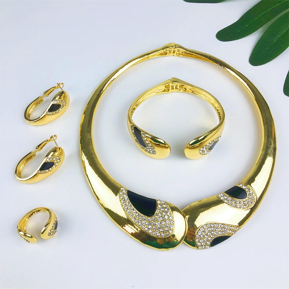 TITI Fashion 18K Gold Plated Jewelry Set For Women Bold Design Necklace Earrings Bracelet Ring 4PCS Set Wedding Party Gift