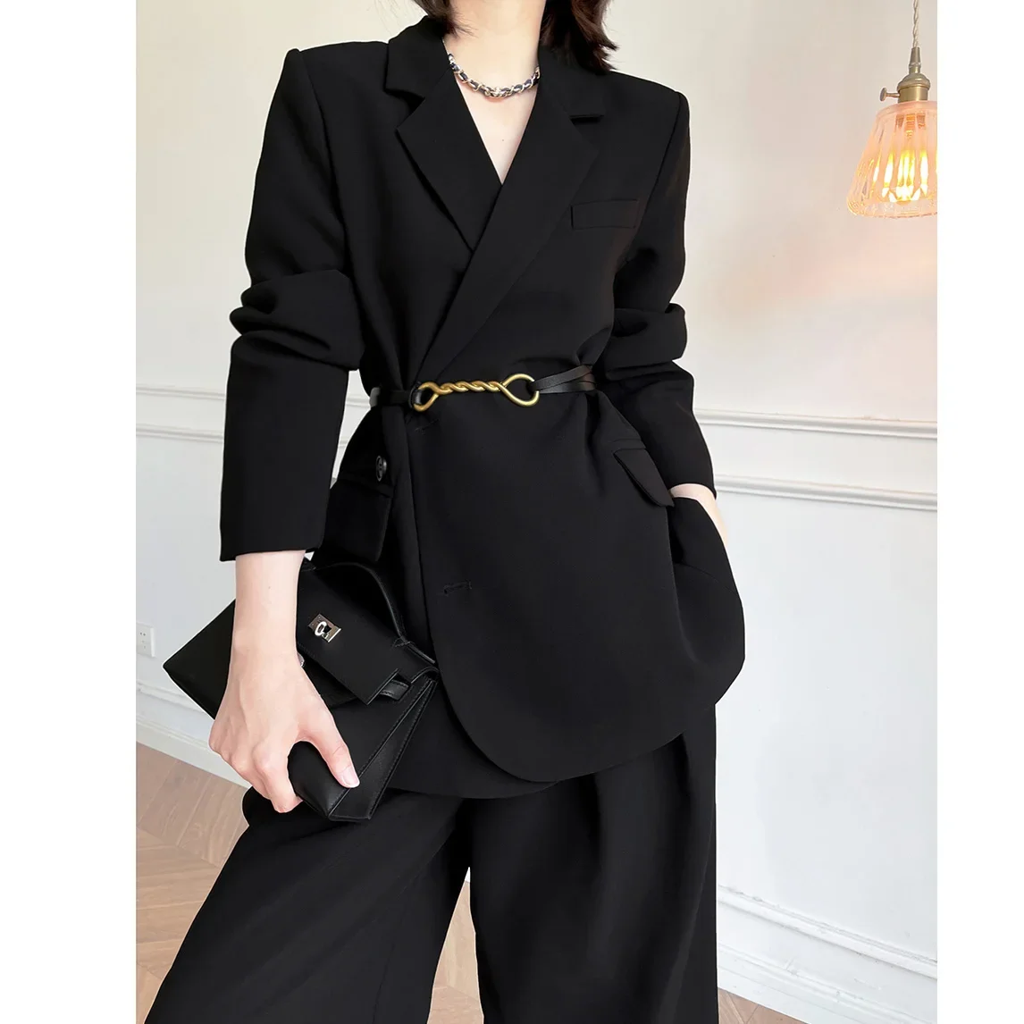 Black Pants Suit Fashion Office Lady 2024 New Autumn Leisure Casual Black Two-piece Suit Female Sets