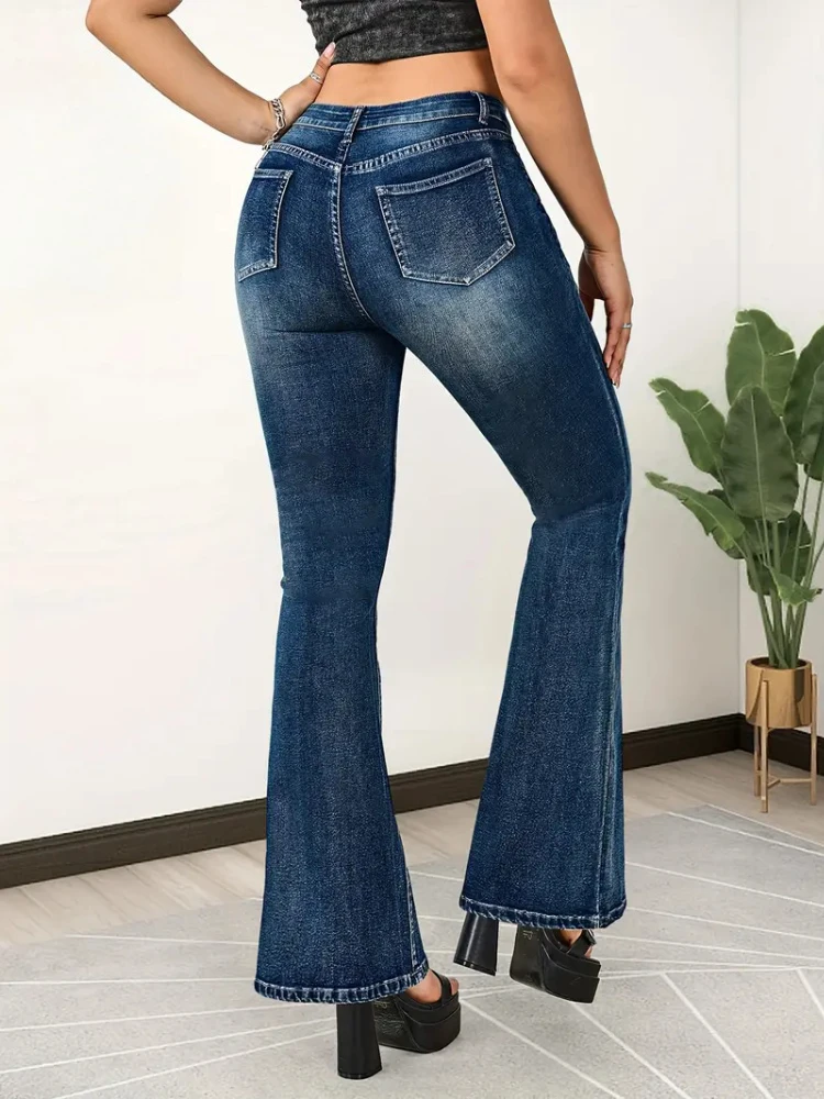 AOSSVIAO Pantalones vaqueros para mujer, pantalones vaqueros acampanados de cintura alta con botones y elásticos, pantalones ajustados lavados versátiles informales de estilo americano
