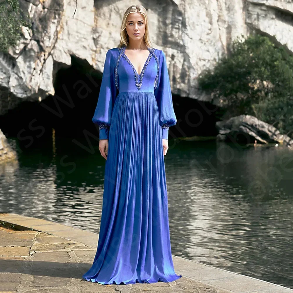 

Charming Arabic Evening Dresses Royal Blue Long Sleeves Prom Party Gowns V Neckline Beach Wedding Guest Dresses 2024 Back Out