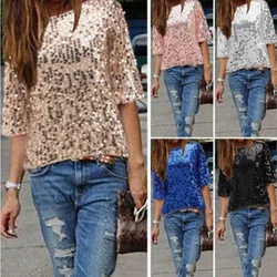 Summer Autumn Sexy Club Sequined Half Sleeve T-shirt Women Loose Casual Aesthetic Tshirt Bling Solid Sweet O Neck Top Lady Tee