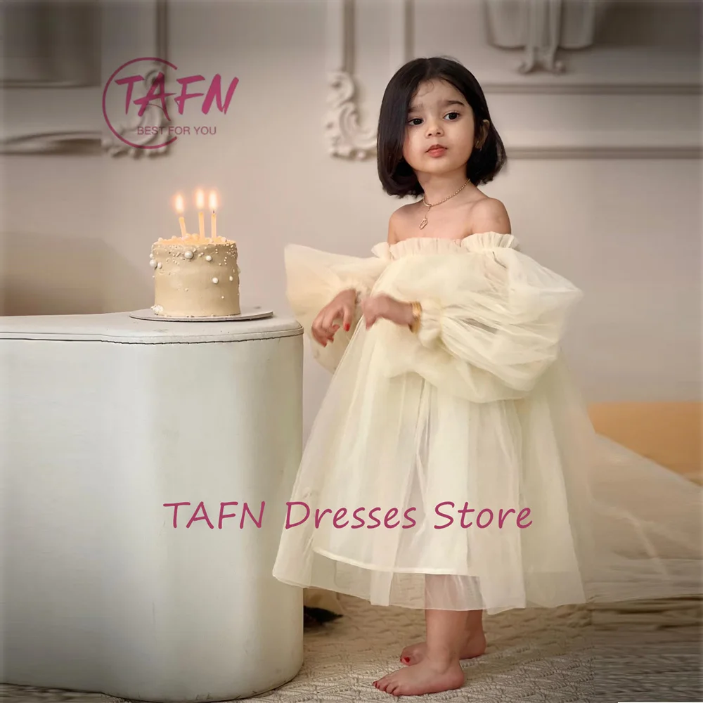 TAFN Light Yellow Princess Flower Girl Dresses Puffy A-line Children Party Gown Customized Mid Calf Length Straight Neck Tulle