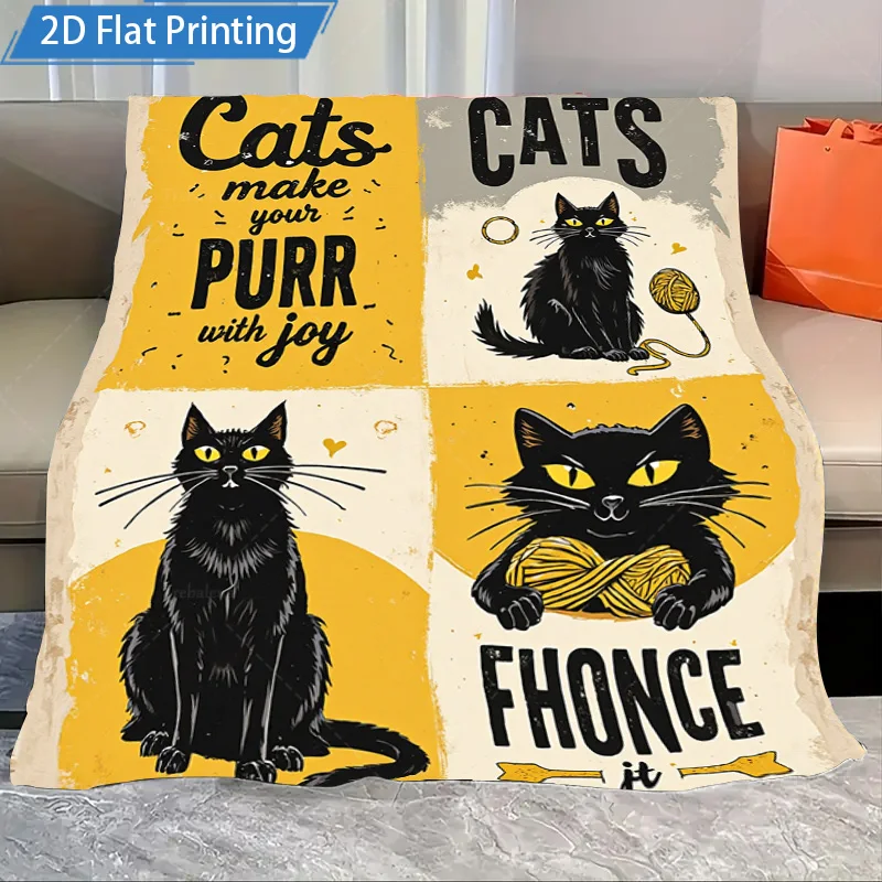 

1pc Flannel Blanket Cute Black Cat Print Blanket Cats Make Your Purr with Joy Fleece Throw Cozy Home Decor Gift for Cat Lovers