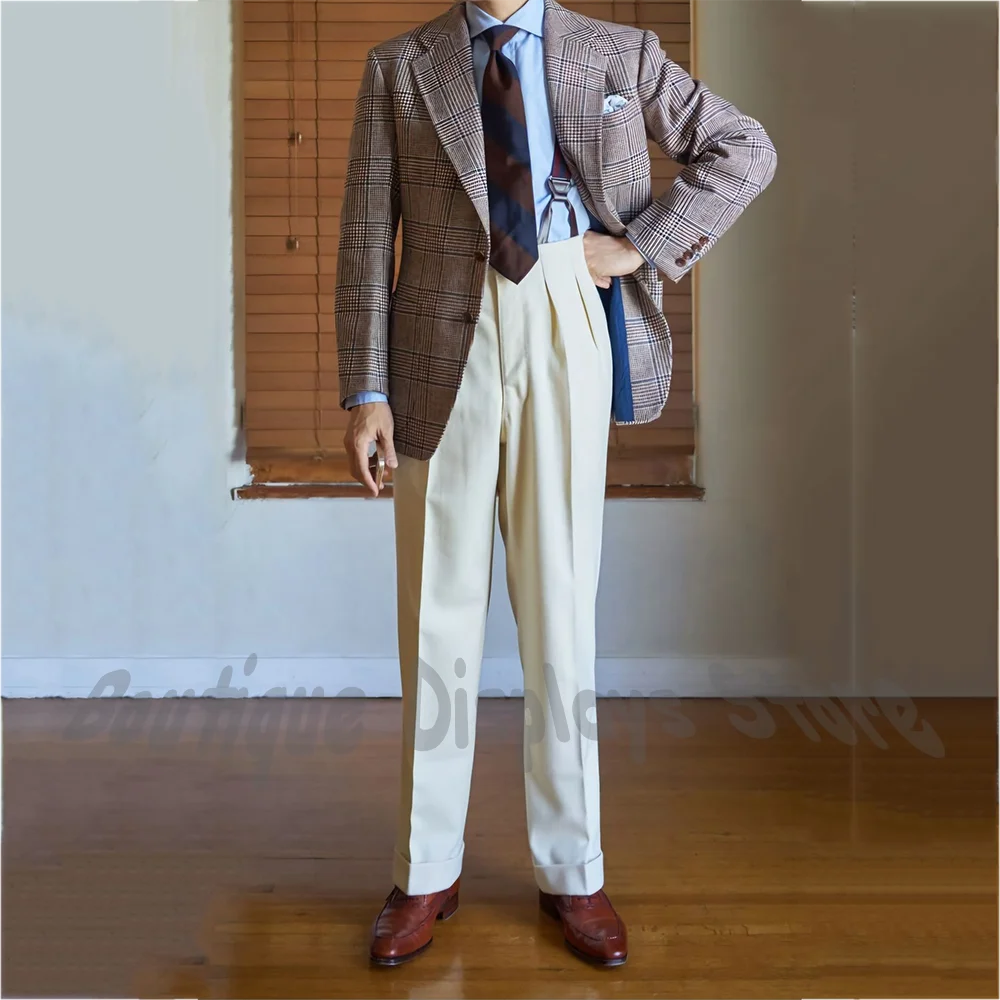 

Luxury Men's Jacket Pants 2 Piece Classic Plaid Nocth Lapel Single Breasted Trouser Set Business Party Office Work Wedding Suit